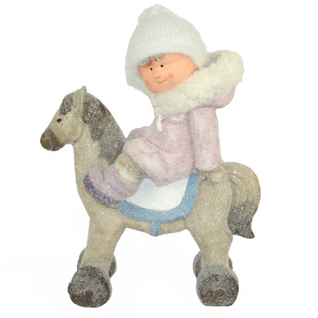 Bimbo con cappello in lana su cavalluccio decorazione natalizia in poliresina h 50 cm
