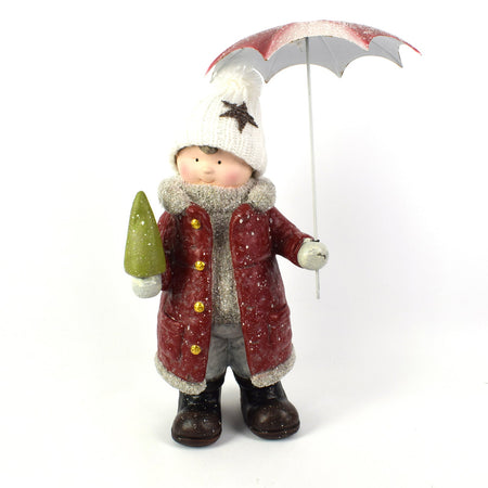 Bimbo con cappello in lana ed ombrello a led decorazione natalizia in poli-resina h 50 cm