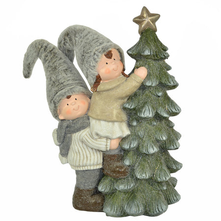 Bimbi con cappello in pelliccia ed albero a led decorazione natalizia in poli-resina h 60 cm