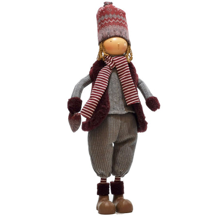 Pupazzo natalizio "Bimbo Bordeaux e Grigio" decorazione per interno h57 cm