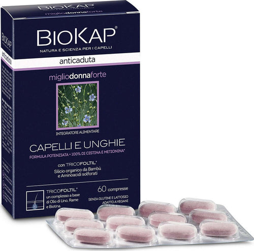 BIOKAP-Anticaduta-Miglio-Donna-Forte,-Trattamento-capelli-e-unghie-specifico-per-le-donne,-Per-capelli-e-unghie-fragili,-Integratore-capelli-senza-glutine,-60-Compresse