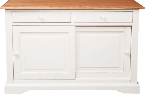 Biscottini-Credenza-Country-in-legno-massello-di-tiglio-struttura-bianca-anticata-piano-finitura-naturale-L142xPR50xH90-cm.-Made-in-Italy