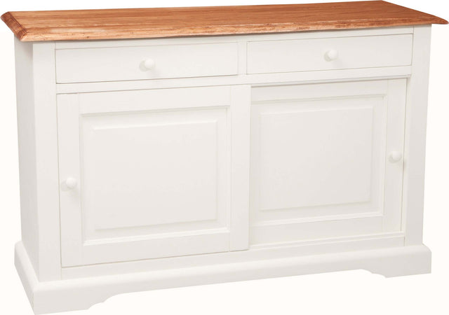 Biscottini-Credenza-Country-in-legno-massello-di-tiglio-struttura-bianca-anticata-piano-finitura-naturale-L142xPR50xH90-cm.-Made-in-Italy