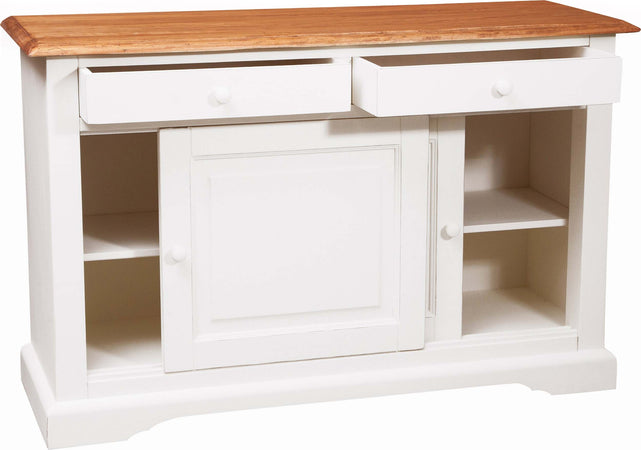 Biscottini-Credenza-Country-in-legno-massello-di-tiglio-struttura-bianca-anticata-piano-finitura-naturale-L142xPR50xH90-cm.-Made-in-Italy