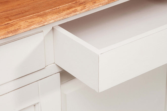 Biscottini-Credenza-Country-in-legno-massello-di-tiglio-struttura-bianca-anticata-piano-finitura-naturale-L142xPR50xH90-cm.-Made-in-Italy