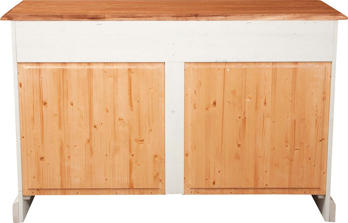 Biscottini-Credenza-Country-in-legno-massello-di-tiglio-struttura-bianca-anticata-piano-finitura-naturale-L142xPR50xH90-cm.-Made-in-Italy
