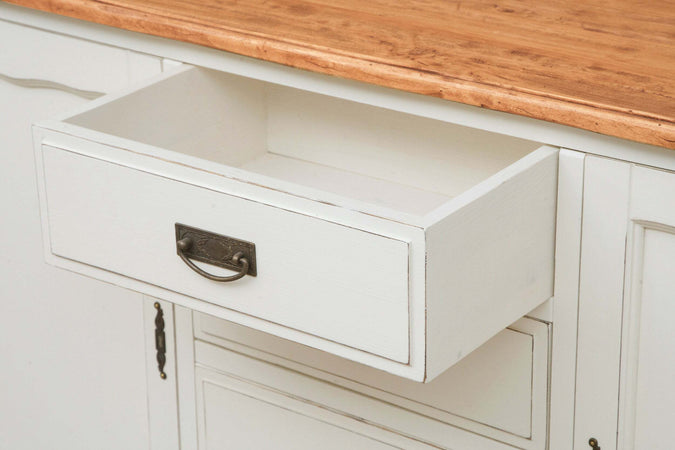 Biscottini-Credenza-Country-in-legno-massello-di-tiglio-struttura-bianca-anticata-piano-finitura-naturale-L160xPR42xH90-cm.-Made-in-Italy