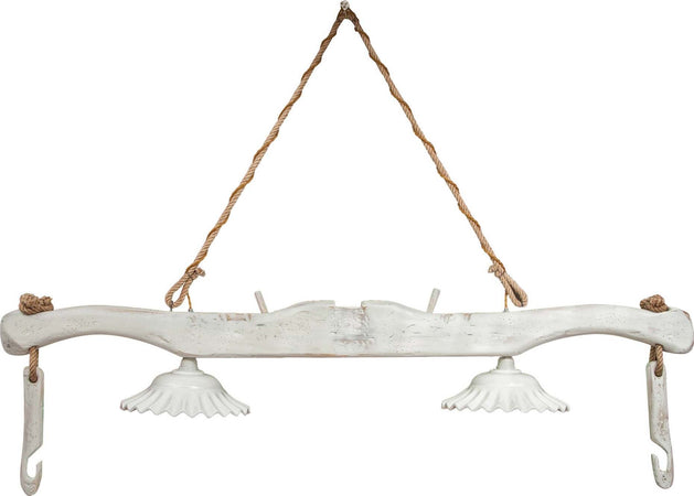 Biscottini-Giogo-lampadario-in-massello-di-tiglio-bianca-anticata-con-paralume-ondulato-Made-in-Italy