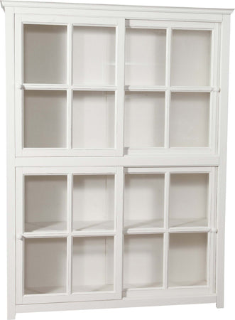 Biscottini-Libreria-vetrina-con-ante-scorrevoli-in-legno-massello-di-tiglio,-finitura-bianca-anticata-L154xPR37xH212-cm.-Made-in-Italy