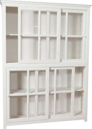 Biscottini-Libreria-vetrina-con-ante-scorrevoli-in-legno-massello-di-tiglio,-finitura-bianca-anticata-L154xPR37xH212-cm.-Made-in-Italy