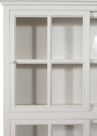 Biscottini-Libreria-vetrina-con-ante-scorrevoli-in-legno-massello-di-tiglio,-finitura-bianca-anticata-L154xPR37xH212-cm.-Made-in-Italy