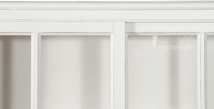 Biscottini-Libreria-vetrina-con-ante-scorrevoli-in-legno-massello-di-tiglio,-finitura-bianca-anticata-L154xPR37xH212-cm.-Made-in-Italy