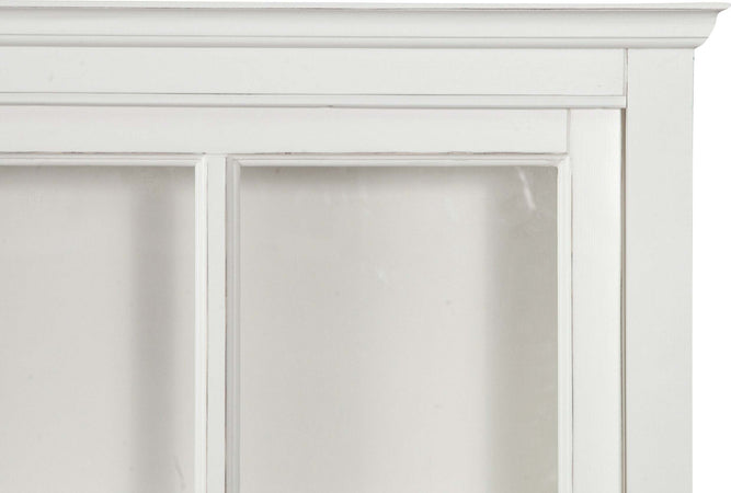 Biscottini-Libreria-vetrina-con-ante-scorrevoli-in-legno-massello-di-tiglio,-finitura-bianca-anticata-L154xPR37xH212-cm.-Made-in-Italy