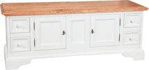 Biscottini-Mobile-porta-tv-Country-in-legno-massello-di-tiglio-struttura-bianca-anticata-piano-finitura-naturale-Made-in-Italy