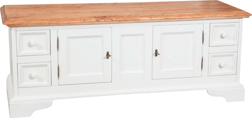 Biscottini-Mobile-porta-tv-Country-in-legno-massello-di-tiglio-struttura-bianca-anticata-piano-finitura-naturale-Made-in-Italy