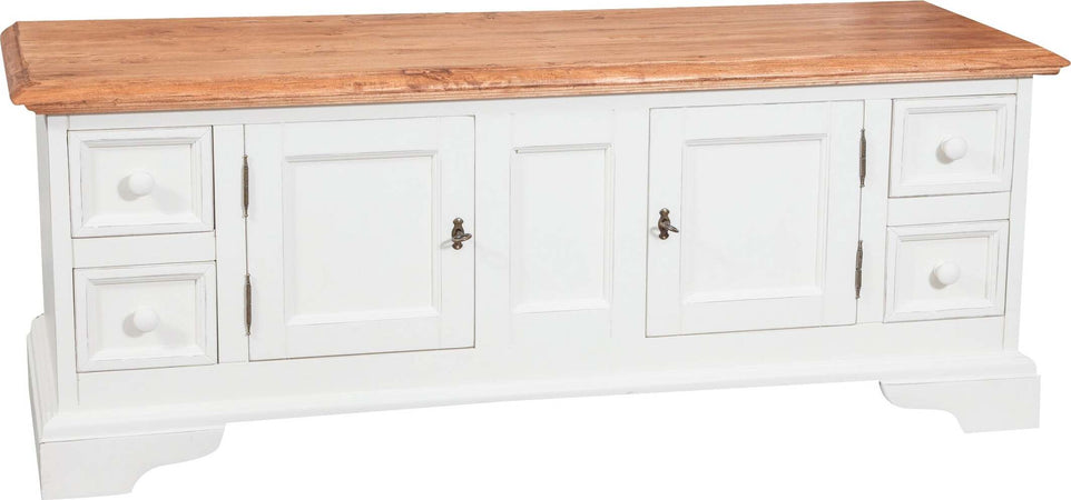 Biscottini-Mobile-porta-tv-Country-in-legno-massello-di-tiglio-struttura-bianca-anticata-piano-finitura-naturale-Made-in-Italy