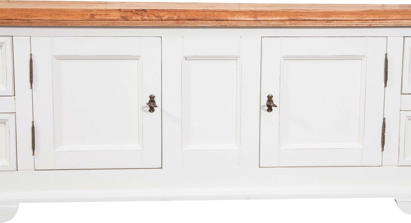 Biscottini-Mobile-porta-tv-Country-in-legno-massello-di-tiglio-struttura-bianca-anticata-piano-finitura-naturale-Made-in-Italy
