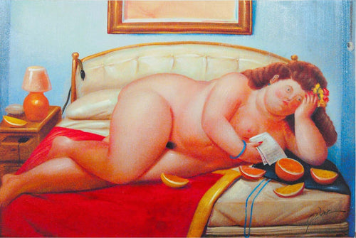 Biscottini-Quadro-olio-su-tela-dipinto-a-mano-donna-a-letto