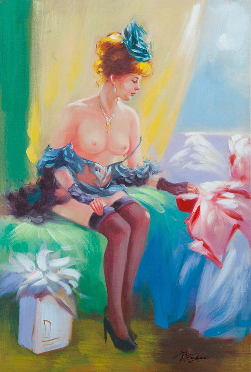 Biscottini-Quadro-olio-su-tela-dipinto-a-mano-donna-seduta-su-letto