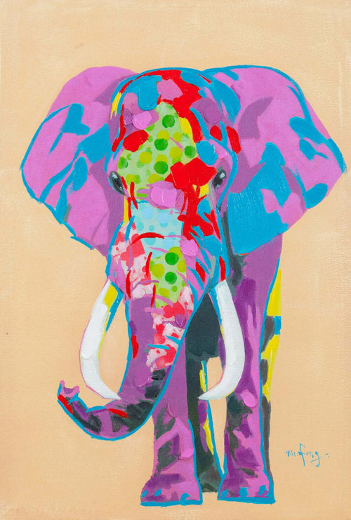 Biscottini-Quadro-olio-su-tela-dipinto-a-mano-ELEFANTE-MULTICOLOR