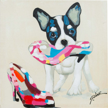 Biscottini-Quadro-olio-su-tela-dipinto-a-mano-scarpe-e-cane