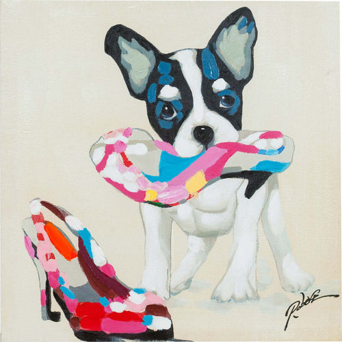 Biscottini-Quadro-olio-su-tela-dipinto-a-mano-scarpe-e-cane