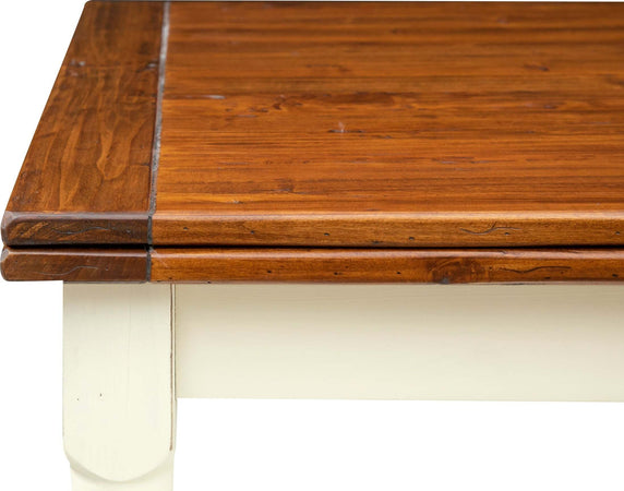 Biscottini-Tavolo-allungabile-Country-fatto-a-mano-in-legno-massello-di-tiglio-struttura-bianca-anticata-piano-noce-Made-in-Italy
