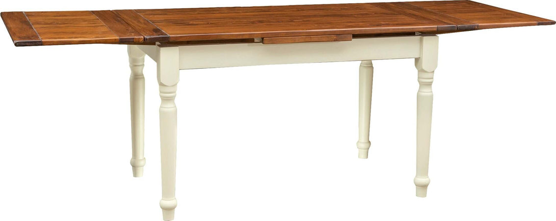 Biscottini-Tavolo-allungabile-Country-in-legno-massello-di-tiglio-struttura-bianca-anticata-piano-noce.-Made-in-Italy