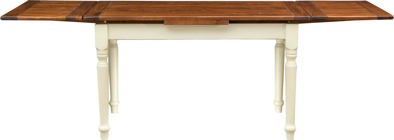 Biscottini-Tavolo-allungabile-Country-in-legno-massello-di-tiglio-struttura-bianca-anticata-piano-noce.-Made-in-Italy