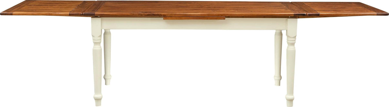 Biscottini-Tavolo-allungabile-Country-in-legno-massello-di-tiglio-struttura-bianca-anticata-piano-noce-Made-in-Italy