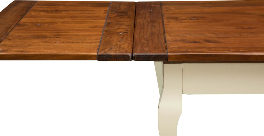 Biscottini-Tavolo-allungabile-Country-in-legno-massello-di-tiglio-struttura-bianca-anticata-piano-noce-Made-in-Italy