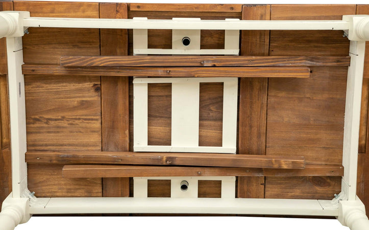 Biscottini-Tavolo-allungabile-Country-in-legno-massello-di-tiglio-struttura-bianca-anticata-piano-noce.-Made-in-Italy