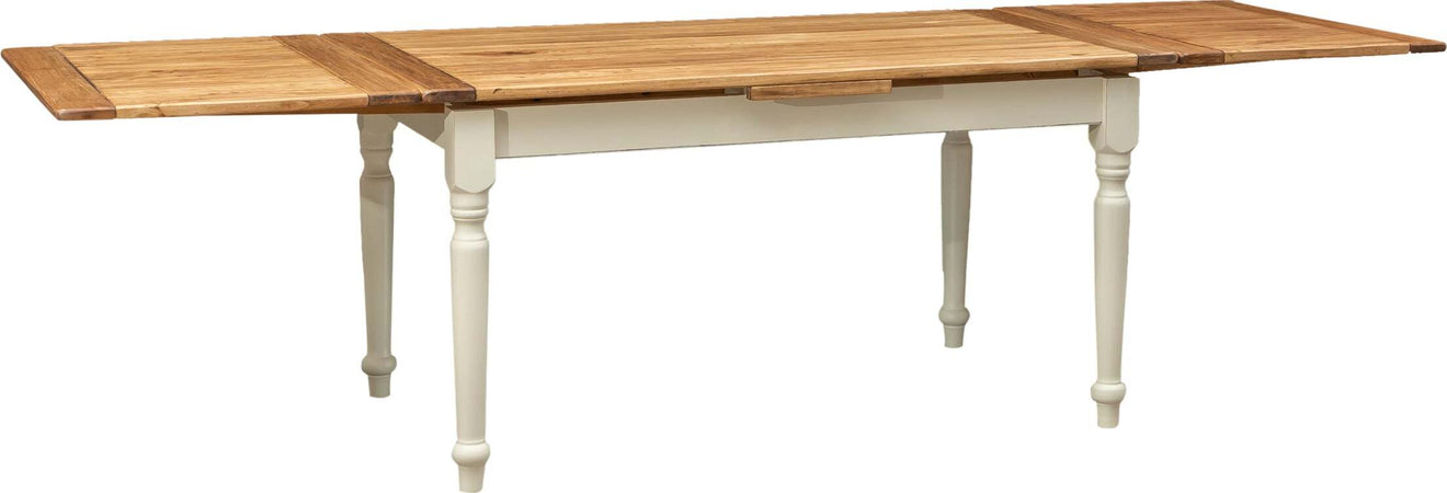 Biscottini-Tavolo-allungabile-Country-legno-massello-di-tiglio-con-struttura-bianca-anticata-piano-naturale.-Made-in-Italy