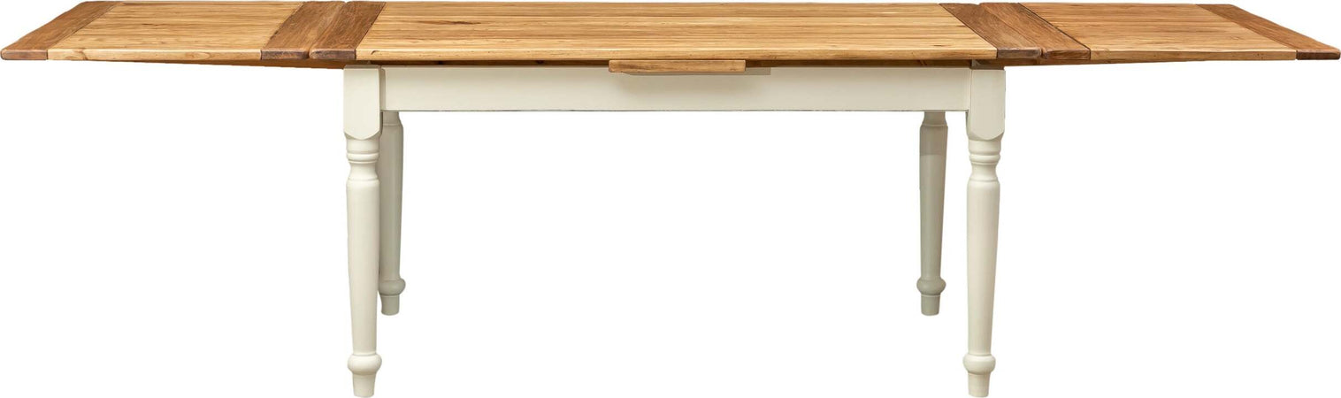 Biscottini-Tavolo-allungabile-Country-legno-massello-di-tiglio-con-struttura-bianca-anticata-piano-naturale.-Made-in-Italy