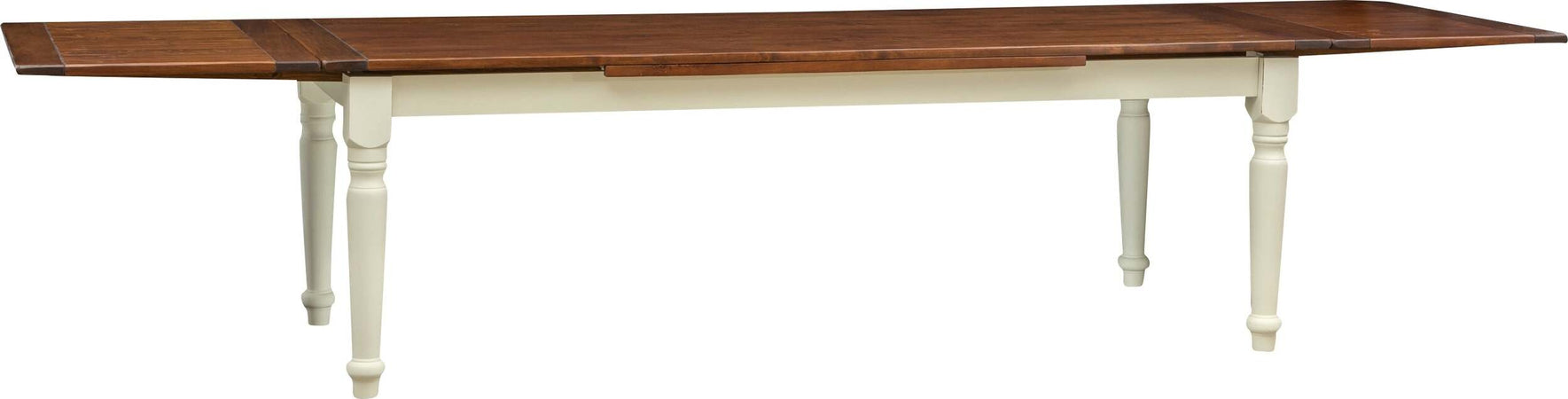 Biscottini-Tavolo-Country-allungabile-in-legno-massello-di-tiglio-struttura-bianca-anticata-top-noce-L250xPR100xH80-cm.-Made-in-Italy