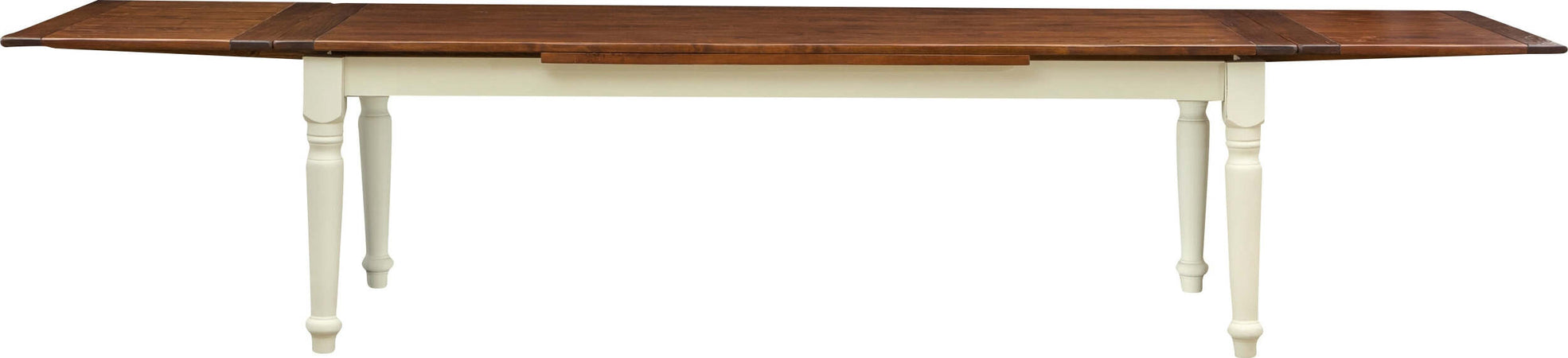 Biscottini-Tavolo-Country-allungabile-in-legno-massello-di-tiglio-struttura-bianca-anticata-top-noce-L250xPR100xH80-cm.-Made-in-Italy