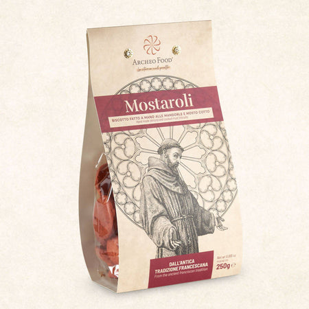 Biscotto fatto a mano alle mandorle e mosto cotto biscotti "Mostaroli" di San Francesco 250 Gr Archeo Food ricetta originale dall'antica tradizione francescana. Prodotto italiano.
