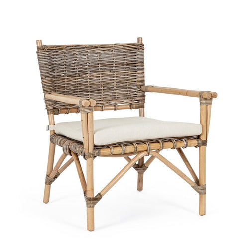 Poltrona Tarifa con cuscini, struttura in rattan, intreccio in kubu, per esterno