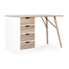 Scrivania Alberta con cassettiera bianca e legno, gambe in legno di pino, piano in MDF, 120 x 60 cm