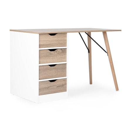 Scrivania "Alberta" con cassettiera bianca e legno, gambe in legno di pino, piano in MDF, 120 x 60 cm