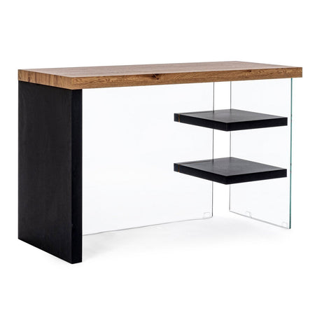 Scrivania "Line" Wood con 2 mensole, piano in mdf, lato in vetro temperato, 120 x 50 cm