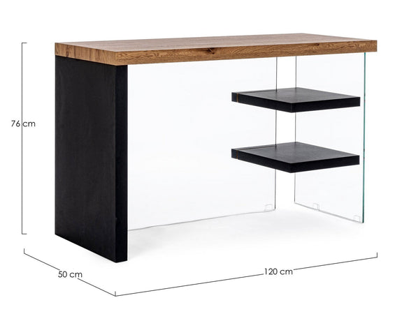 Scrivania "Line" Wood con 2 mensole, piano in mdf, lato in vetro temperato, 120 x 50 cm