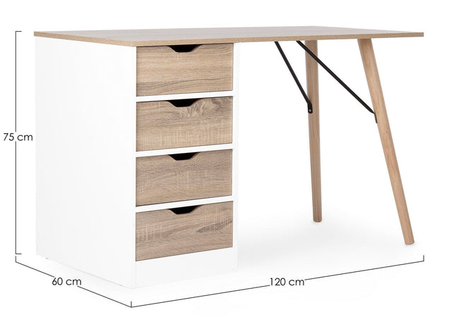 Scrivania "Alberta" con cassettiera bianca e legno, gambe in legno di pino, piano in MDF, 120 x 60 cm