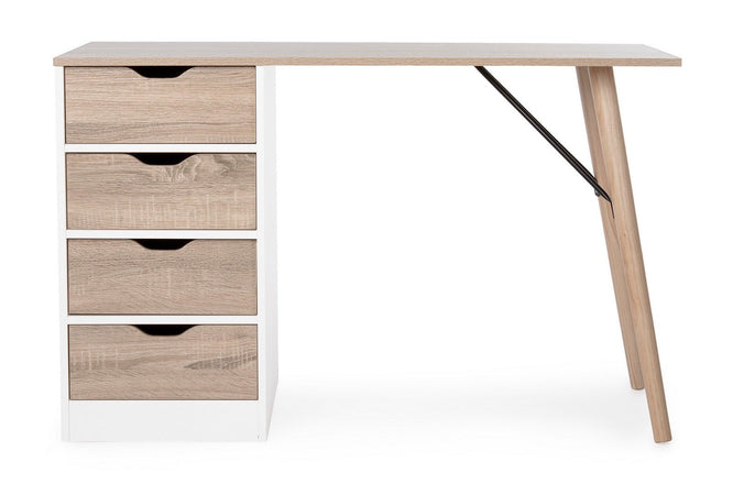 Scrivania "Alberta" con cassettiera bianca e legno, gambe in legno di pino, piano in MDF, 120 x 60 cm