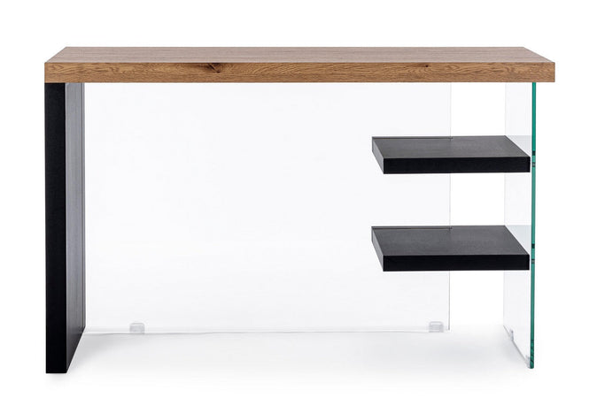 Scrivania "Line" Wood con 2 mensole, piano in mdf, lato in vetro temperato, 120 x 50 cm