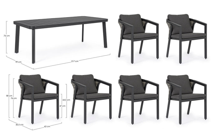 Set tavolo con 6 sedie "Cordova" in alluminio verniciato, seduta in fibra sintetica, per esterno