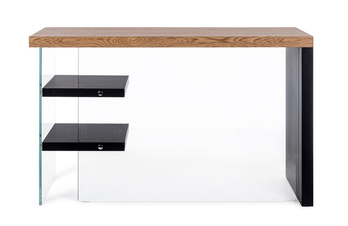 Scrivania "Line" Wood con 2 mensole, piano in mdf, lato in vetro temperato, 120 x 50 cm
