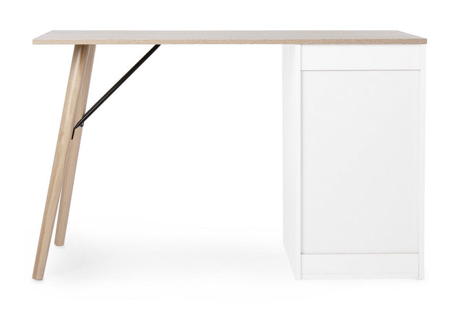 Scrivania "Alberta" con cassettiera bianca e legno, gambe in legno di pino, piano in MDF, 120 x 60 cm