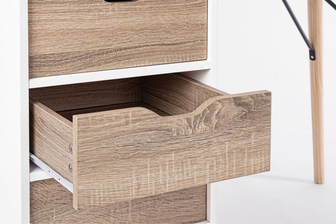 Scrivania "Alberta" con cassettiera bianca e legno, gambe in legno di pino, piano in MDF, 120 x 60 cm