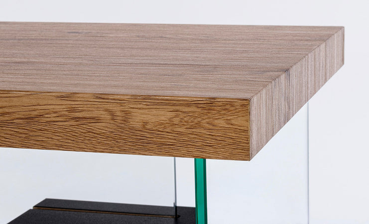 Scrivania "Line" Wood con 2 mensole, piano in mdf, lato in vetro temperato, 120 x 50 cm